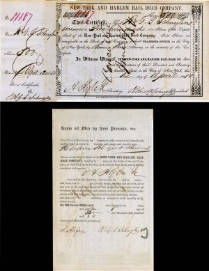 New-York and Harlem Rail Road Co. issued to and triple signed by Robert Schuyler dated 1850- Autographed Stocks and Bonds