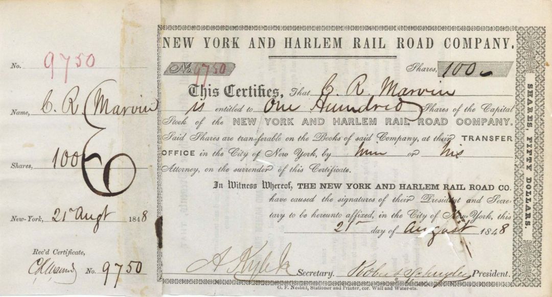 New York and Harlem Rail Road Co.  signed by Robert Schuyler dated 1840's-1850's- Autographed Stocks and Bonds