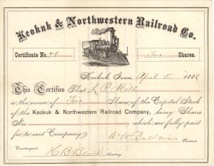 Keokuk and Northwestern Railroad Co. signed by W.W. Baldwin - 1882 dated Autographed Stock Certificate