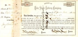 Lake Shore Railway Co. signed by J.H. Devereux dated 1869 - Autographed Stocks and Bonds