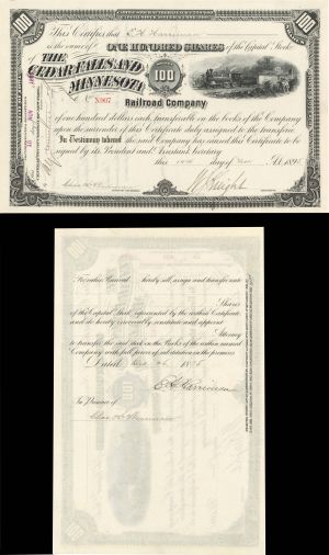 Cedar Falls and Minnesota Railroad Co. Issued to and signed by E.H. Harriman - Autographed Stocks and Bonds