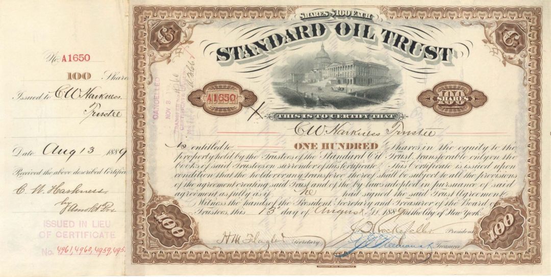 Standard Oil Trust  Issued to and signed by C.W. Harkness - 1889 dated Autographed Stock Certificate