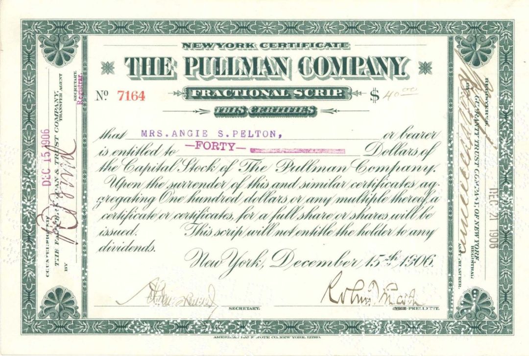 Pullman Co. signed by Robert Todd Lincoln dated 1906- Autographed Stock and Bonds