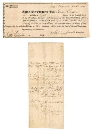 Brunswick and Pittstown Turnpike signed by George Vail dated 1831- Autographed Stock and Bonds