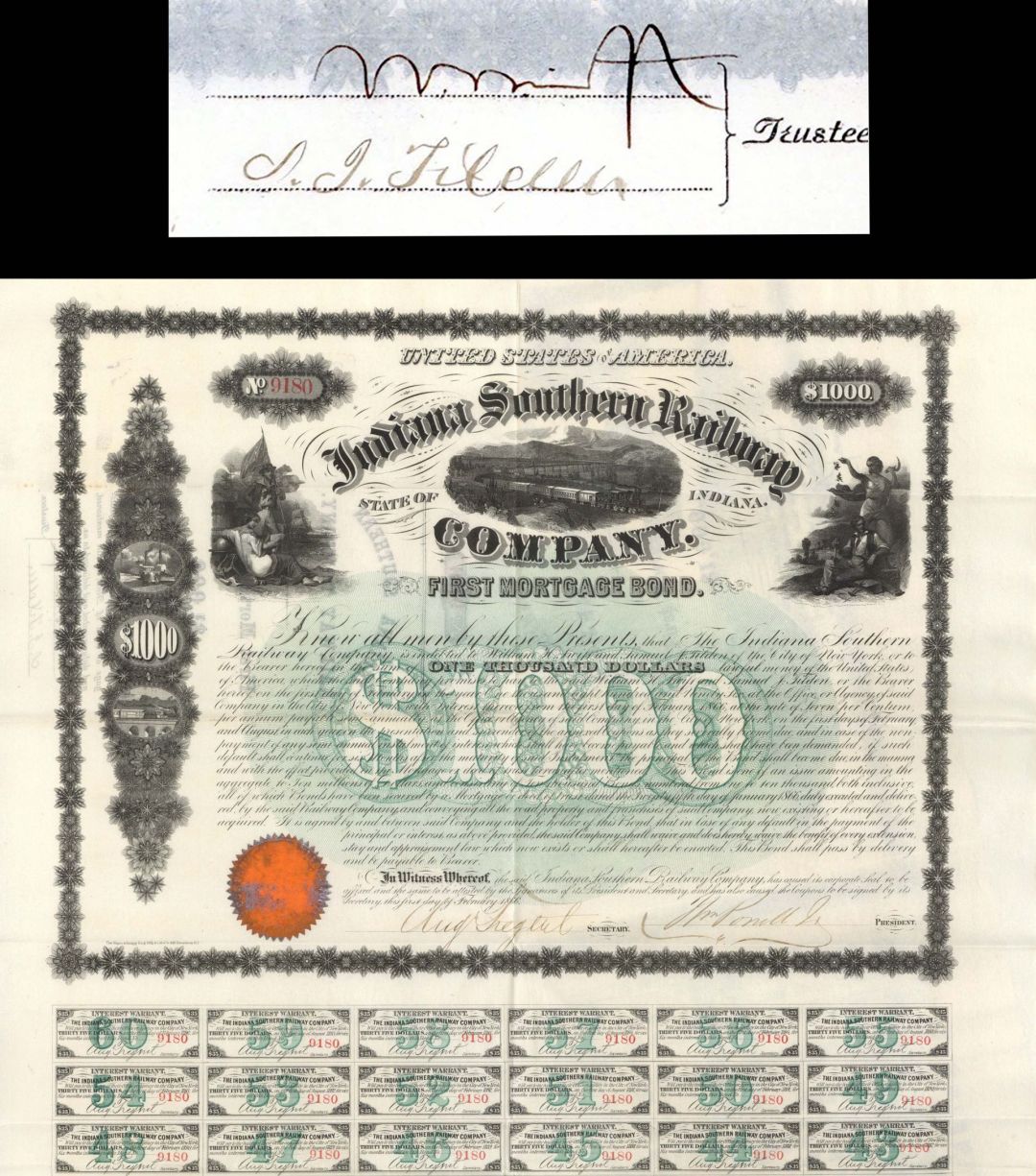 Indiana Southern Railway Bond signed by Samuel Tilden dated 1866 - Man Who Was 1 Electoral Vote Away from Being a US President - $1,000 Bond