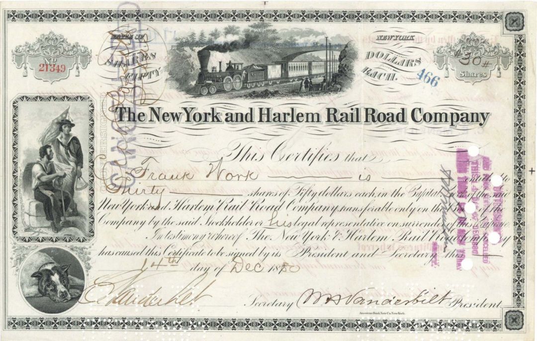 New York and Harlem Rail Road Co. signed by William H. Vanderbilt and Cornelius Vanderbilt - 1850 dated Autographed Stocks and Bonds