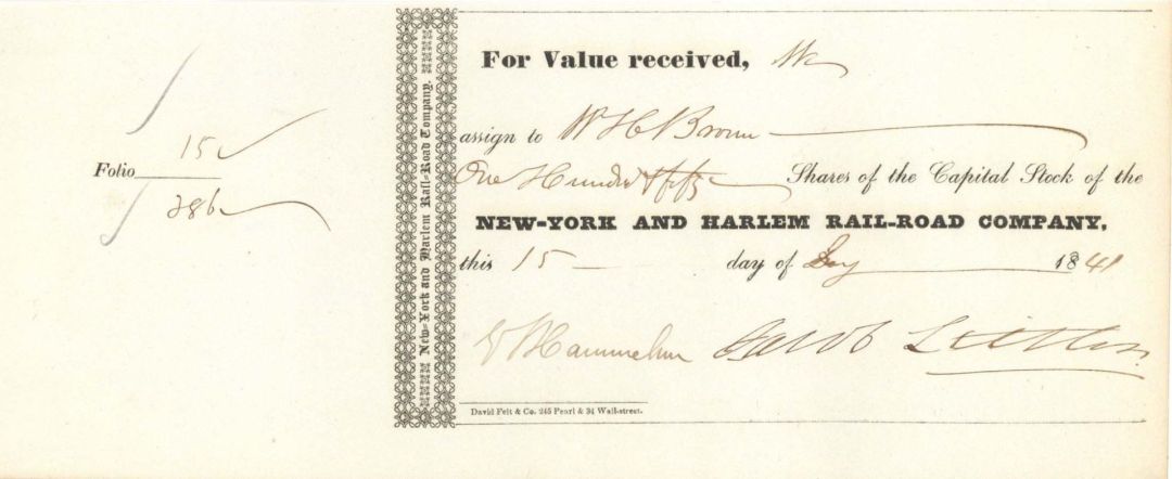 New York and Harlem Rail-Road Co. Signed by Jacob Little  - Autographed Stock Certificate (Uncanceled)