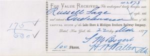 Lake Shore and Michigan Southern Railway Co. Transfer Issued to Russell Sage - 1876-1877 Stock Transfer