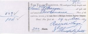 Lake Shore and Michigan Southern Railway Co. Signed by Russell Sage Attorney - 1860's-1870's Autographed Stock Transfer