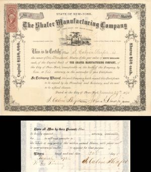 Shafer Manufacturing Co. Issued to and Signed by J. Calvin Shafer twice - 1871 Autographed Stock Transfer