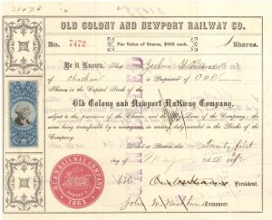 Old Colony and Newport Railway Co. signed by Onslow Stearns - 1872 dated Autographed Stock Certificate