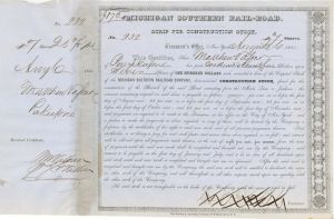 Michigan Southern Rail-Road Issued to Matthew Vassar and signed by J. Vassar - 1853 dated Autographed Stock Certificate