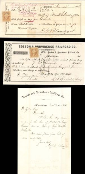 3 Boston and Providence Railroad Co. pieces Related to Brig. Martha Washington - 1865 dated Autographed Stock Certificate