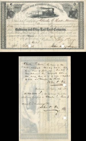 Baltimore and Ohio Rail-Road Co. Signed twice on back by John P. Poe (relative ofEdgar A. Poe?) - Stock Certificate - Further Research is Needed