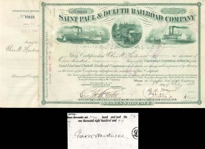 Saint Paul and Duluth Railroad Co. Issued to and Signed by C. W. Harkness  - Autographed Stocks and Bonds