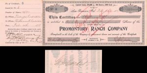 Promontory Ranch Co. Issued to William H. Crocker and signed on back - 1898  dated Autographed Stocks and Bonds