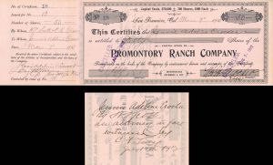 Promontory Ranch Co. Issued to Jennie Adeline Crocker and signed on back - 1905 or 1910  dated Autographed Stocks and Bonds