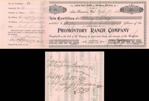 Promontory Ranch Co. Issued to Mary Crocker and signed on back - 1899  dated Autographed Stocks and Bonds