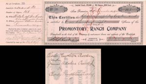 Promontory Ranch Co. Issued to Charles Templeton Crocker and Jennie Adeline Crocker and signed on back - 1910  dated Autographed Stocks and Bonds