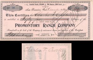 Promontory Ranch Co. Issued to Charles T. Crocker and signed on back - 1910  dated Autographed Stocks and Bonds