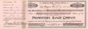 Promontory Ranch Co. Issued to Mary Burton Harrison - 1900  dated Autographed Stocks and Bonds