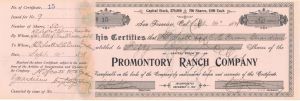 Promontory Ranch Co. Issued to Will of Charles Crocker - 1898  dated Autographed Stocks and Bonds