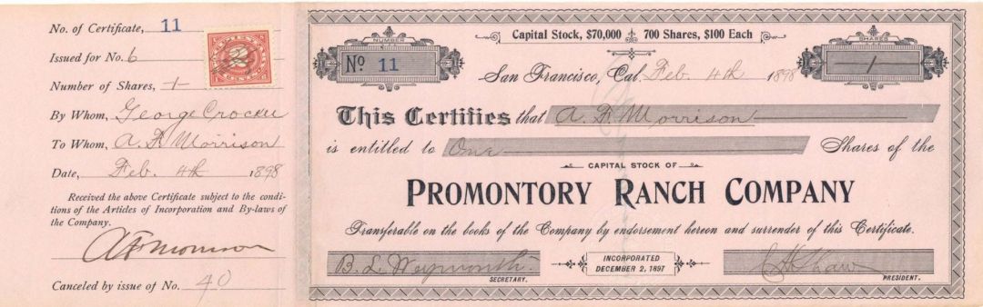 Promontory Ranch Co. - 1898-1908  dated Autographed Stocks and Bonds