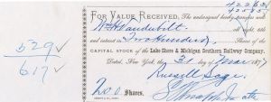 Lake Shore and Michigan Southern Railway Co. issued to Wm H. Vanderbilt - 1877 dated Stock Certificate