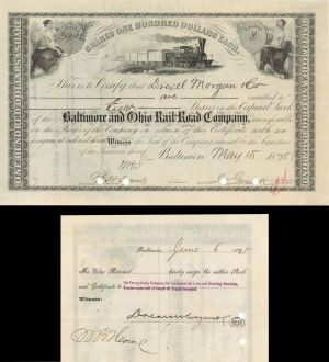 Baltimore and Ohio Rail-Road Co. Issued to Drexel Morgan Co - 1878 dated Railroad Stock Certificate