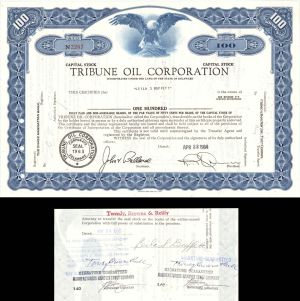 Tribune Oil Corp. Issued to and Signed by Leila S. Buffet - 1964 dated Autographed Oil Stock Certificate