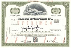 Playboy Enterprises, Inc. - Specimen Stock signed by Hugh Hefner - Adult Entertainment Stock Certificate