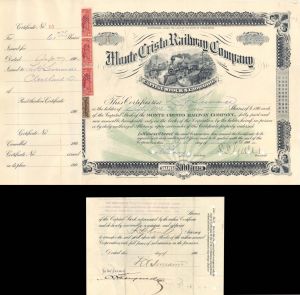 Monte Cristo Railway Co. issued to and signed on back by L.H. Severance - Autographed 1900 dated Stock Certificate