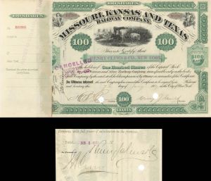 Missouri, Kansas and Texs Railway Co. Issued and signed by Henry Clews and George J. Gould - 1887 Autographed Stock Certificate