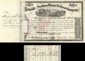 Belleville and Southern Illinois Railroad Co. Issued to and signed by Stuyvesant Fish - 1896 dated Autograph Railway Stock Certificate