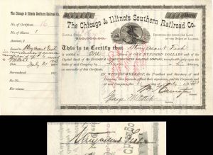 Chicago and Illinois Southern Railroad Co. Issued to and signed by Stuyvesant Fish - 1903 dated Autograph Railway Stock Certificate