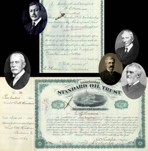Standard Oil Trust issued to and signed by D.M. Harkness, E.D. and W.L. Harkness,  H. M. Flagler, J. D. Rockefeller and J.A. Bostwick - 1883 dated Autograph Stock Certificate