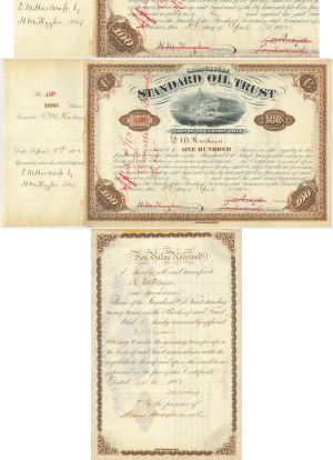 Daniel M. Harkness issued to and signed Standard Oil Trust signed twice by Henry M. Flagler & once by John D. Rockefeller - 1882 dated Autograph Stock Certificate