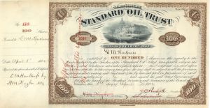 Daniel M. Harkness issued to/signed Standard Oil Trust signed twice by Henry M. Flagler & once by John D. Rockefeller - 1882 dated Autograph Stock Certificate