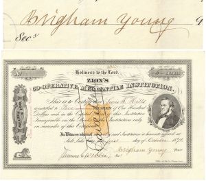 Brigham Young signed Zion's Cooperative Mercantile Stock Certificate - 1871 dated Autograph Stock Issued to Lewis S. Hills of Salt Lake City, Utah Fame