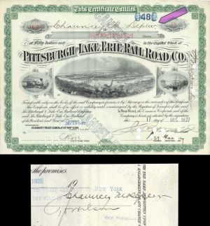 Pittsburgh and Lake Erie Railroad Co. Issued to and Signed by Chauncey M. Depew - 1927 dated Autographed Stocks and Bonds