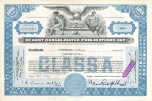 Hearst Consolidated Publications, Inc. Stock with William Randolph Hearst Printed Signature - 1950 dated Stock Certificate