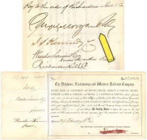 Delaware, Lackawanna and Western Railroad Co. signed by J. Pierpont Morgan for Drexel Morgan Co. - 1875 dated Bond