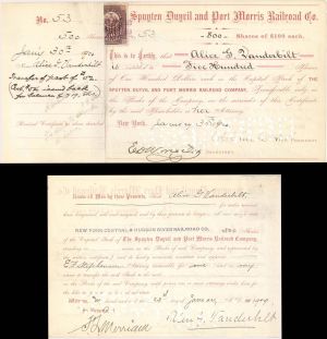 Spuyten Duyvil and Port Morris Railroad Co. issued to and signed by Alice G. Vanderbilt - 1900 dated Stock Certificate