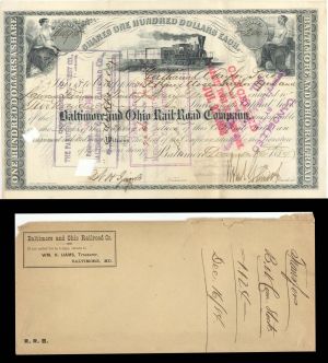 Lot of Baltimore and Ohio Rail-Road Co. Stocks, envelope and legal documents Issued to Moses Taylor - 1860's and 70's dated Autographs