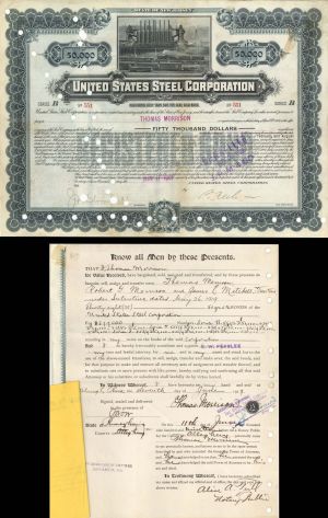 United States Steel Corp. signed by Thomas Morrison - 1901 dated Autographed $50,000 Bond