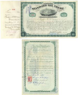Standard Oil Trust Signed by J.D. Rockefeller, John D. Archbold on front and transferred to Henry M. Flagler - 1887 dated Autographed Stock Certificate