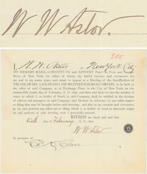 William Waldorf Astor signed Delaware, Lackawanna and Western Railroad Co. Proxy dated 1890 - Autograph