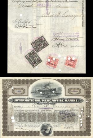 International Mercantile Marine Co. Issued to Alice B. Carnegie and Signed on back - 1919 dated Autographed Stock Certificate