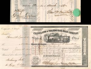 Cleveland and Toledo Rail-Road Co. Issued to Samuel W. Comstock and signed on back  - 1855 dated Autographed Stock Certificate