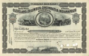 Cleveland, Columbus, Cincinnati and Indianapolis Railway signed by J. H. Devereux - Unissued Autographed Stock Certificate